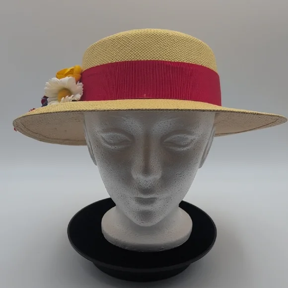 M'sieu Leon| Elegant Women's Straw Hat with Red Band and Floral Accent - Picture 4 of 11